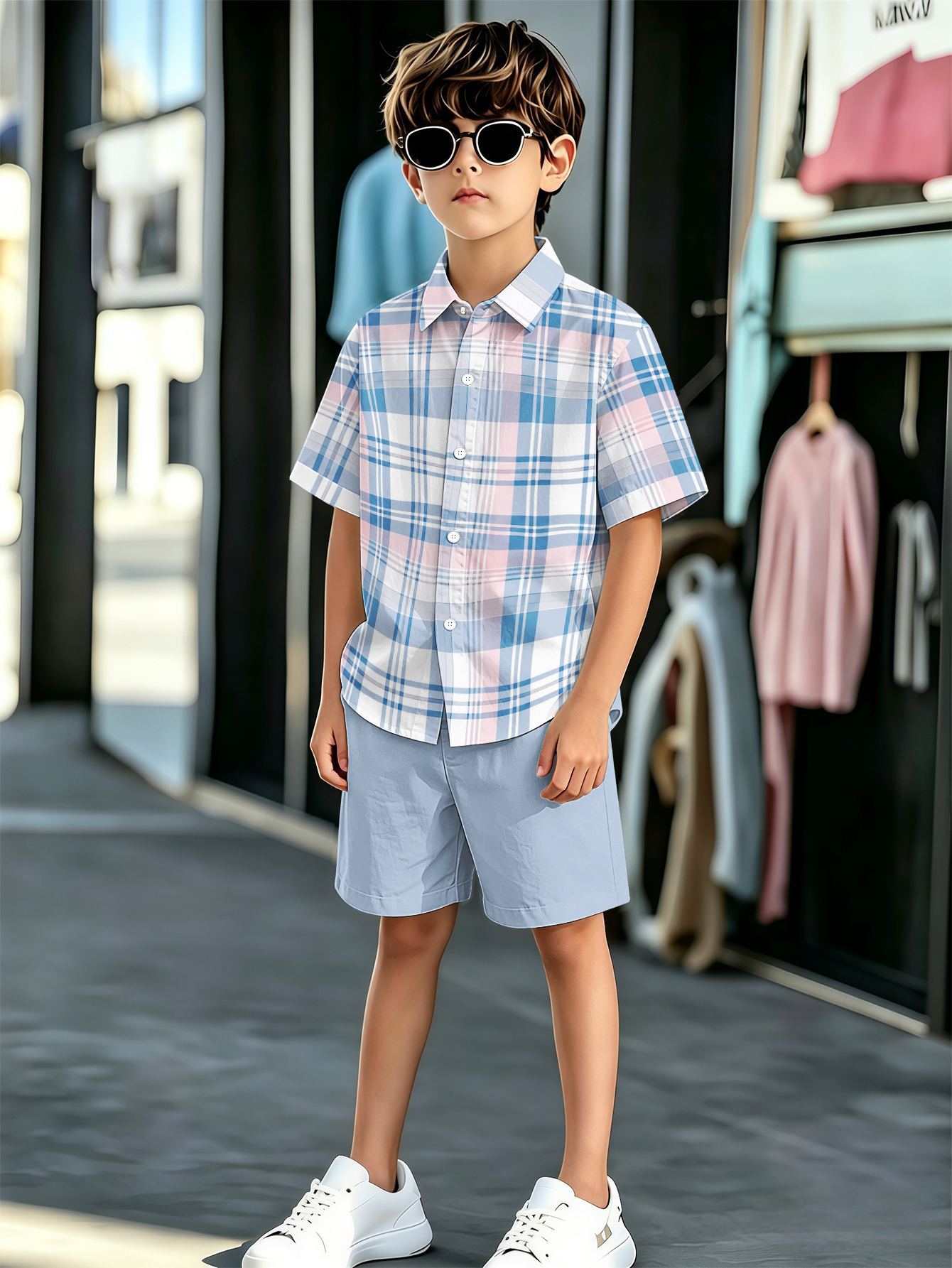 Boys Collared Shirt And Shorts Set With 3d Pattern Print_voghion.com