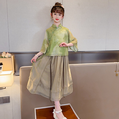 Ladies' Summer Children's Traditional Chinese Dress with a Touch of Modern Elegance - 2024 New Arrival for Older Children - Two-Piece Ancient Style Summer Outfit