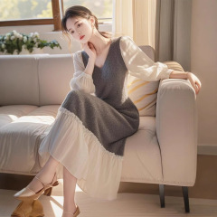 法式木耳边撞色V领显瘦连衣裙女夏季2025高级感气质拼接鱼尾裙子