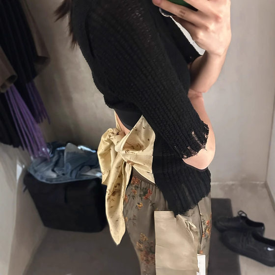 2025 Summer New Design Sense Strap Backless Knitted Tassel Mid-Sleeve Short Sleeve Knitted Top for Women