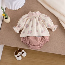 韩版套装春装女宝宝打揽领时尚花朵小众长袖娃娃衫上衣面包裤两件