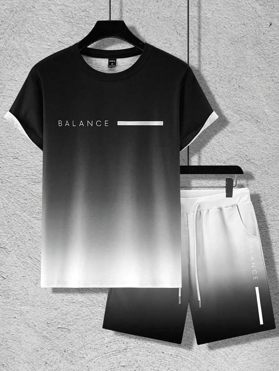 Lema de letras de color degradado estampado 3D traje de hombre camiseta traje deportivo de hombre cuello redondo pantalones cortos con cordón de manga corta