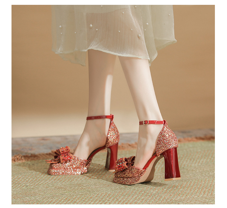 Women's Shoes thick heel one piece buckle Mary Jane high heels sequined hollow wedding shoes bridesmaid shoes single shoes for women_voghion.com