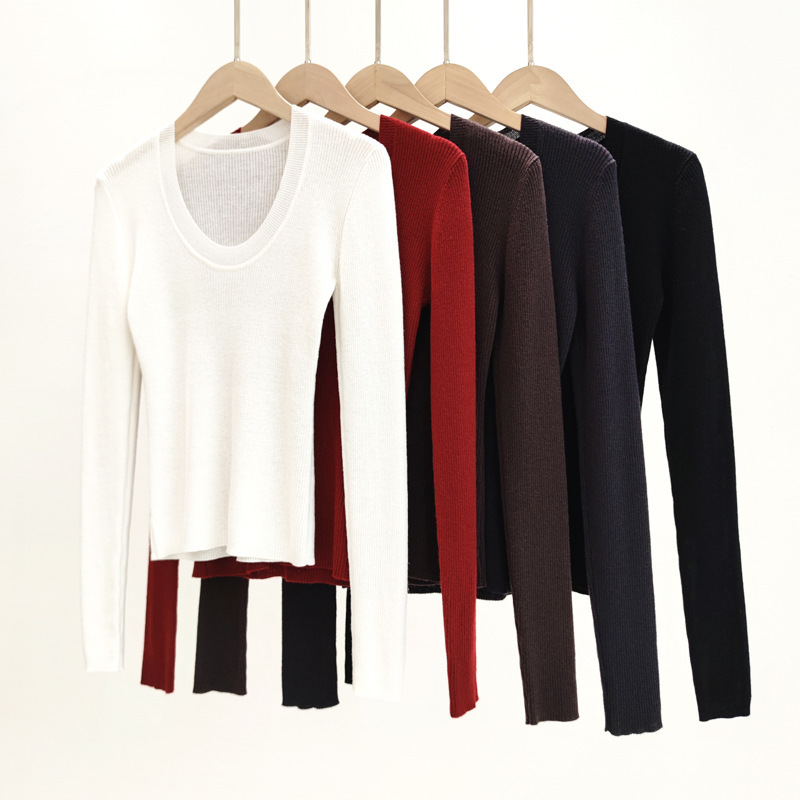 Temperament Commuter U-Neck Long-Sleeved Knitted Base Shirt Sweater Slim-Fit Slimming Top Autumn and Winter Interior Knitted Shirt Solid Color