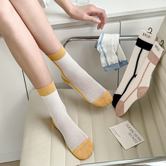 襪子女夏季超薄網眼透氣精梳棉防臭彩色中筒襪簡約撞色豎條紋女襪