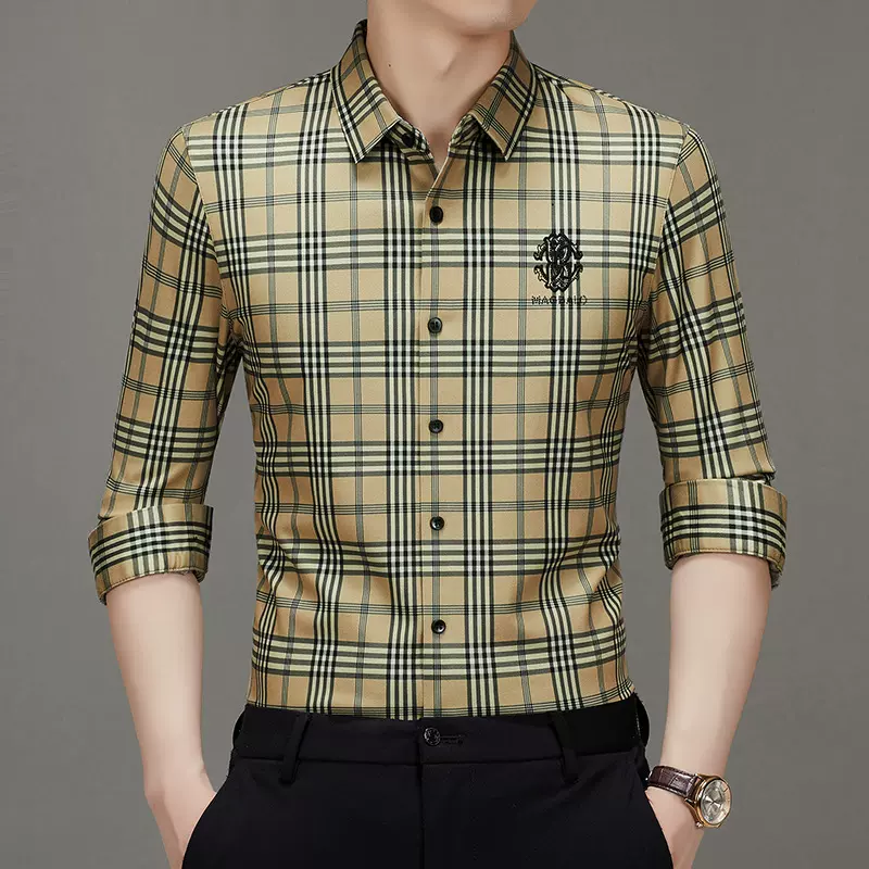 男士长袖衬衫格子轻奢商务印花春秋季翻领绵羊毛衬衣免烫处理
