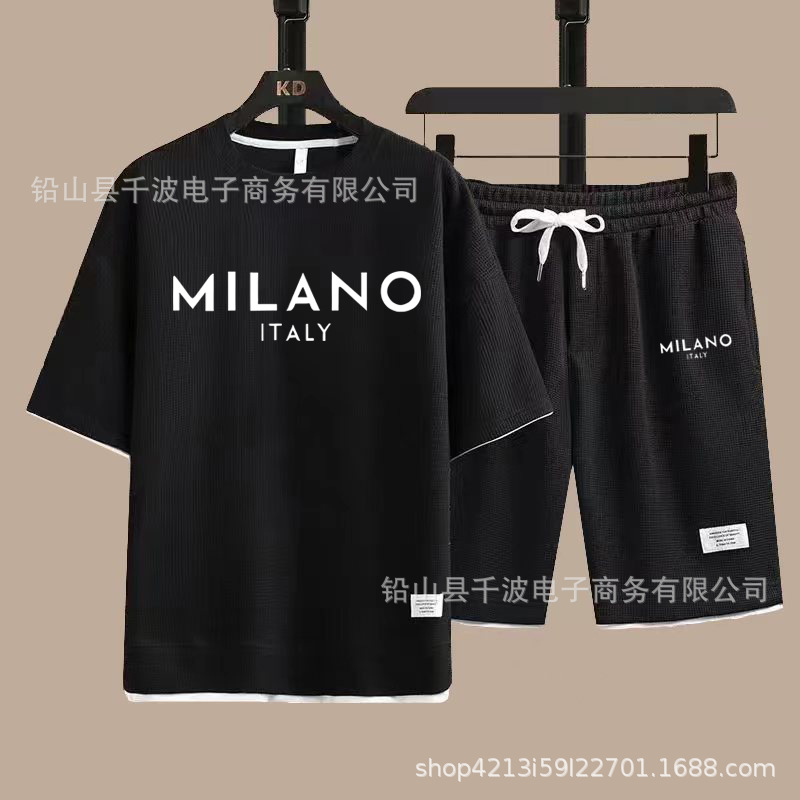 크로스보더 와플 티셔츠 남성 여름 패션 루즈핏 대형 사이즈 얇은 반팔 반바지 스포츠 세트 트렌디 핫템