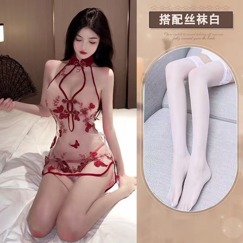 버건디 옥나비 (치파오+속옷) + 흰색 스타킹