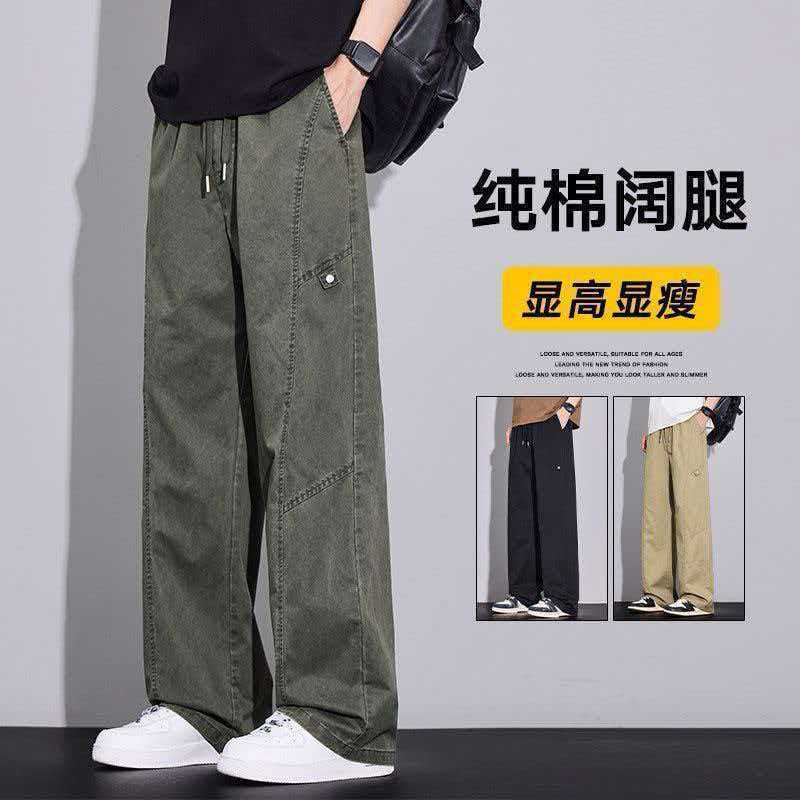 New autumn and winter men's pure cotton casual pants, trendy high street style, elastic waist, loose straight wide-leg pants, American workwear trousers New autumn and winter men's pure cotton casual pants, trendy high street style, elastic waist, loose straight wide-leg pants, American workwear trousers