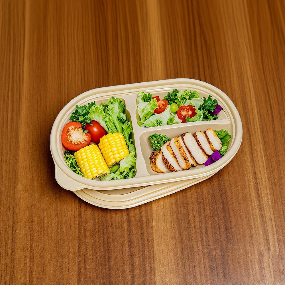Biodegradable Disposable Corn Starch Environmentally Friendly Lunch Box Food Grade Household Lunch Box Oval Three-Compartment Take-Out Packaging Box