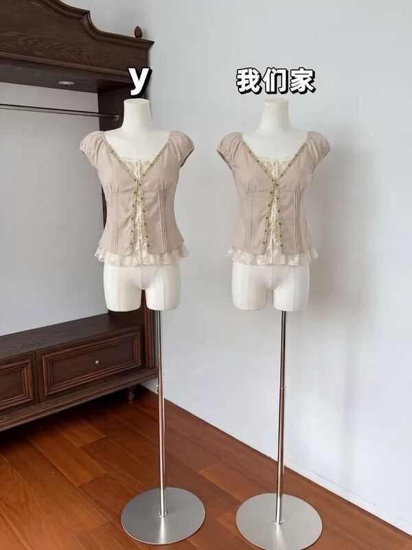 Shell Lace Shirt for Women, Summer Short-Sleeved Fake Two-Piece Lace Pink Beautiful Top