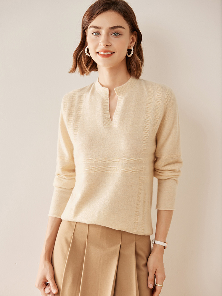 Knitted solid base body-friendly cashmere sweater with a round…