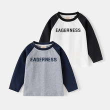 男童纯棉长袖T恤春装新款童装儿童宝宝拼色袖打底衫上衣一件代发