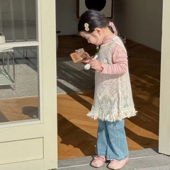 2024 Spring Girls' Lace Top and Fringe Bodice Dress with Denim Bell Bottoms Set for Baby Girls in French Style