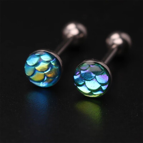 Cross-border fish scale gradient 14G tongue ring stainless steel scale drop oil tongue ring personalized laser color-changing piercing tongue