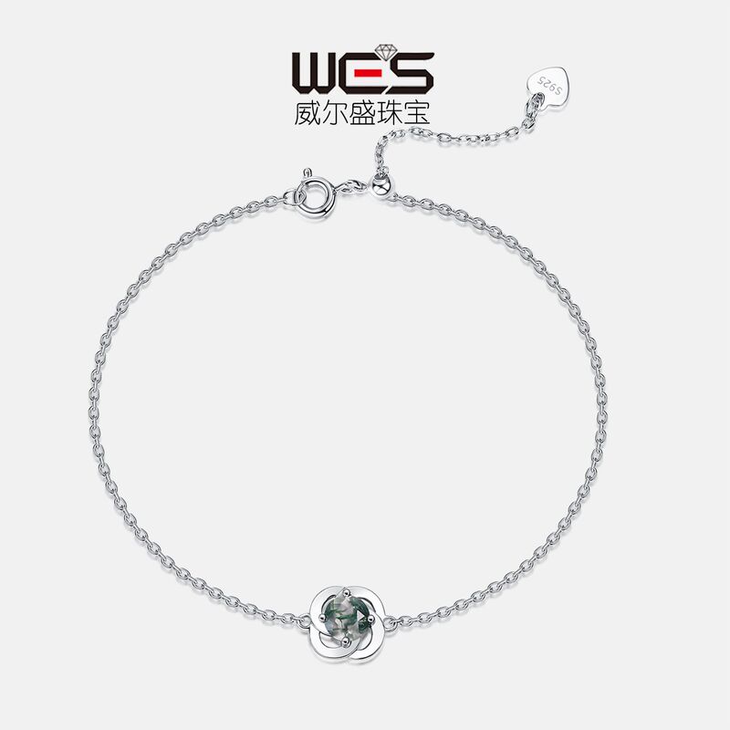 Cross-border New Flower Natural Green Moss Stone Bracelet Women's S925 Silver Water Grass Agate Bracelet Simple Light Luxury Niche