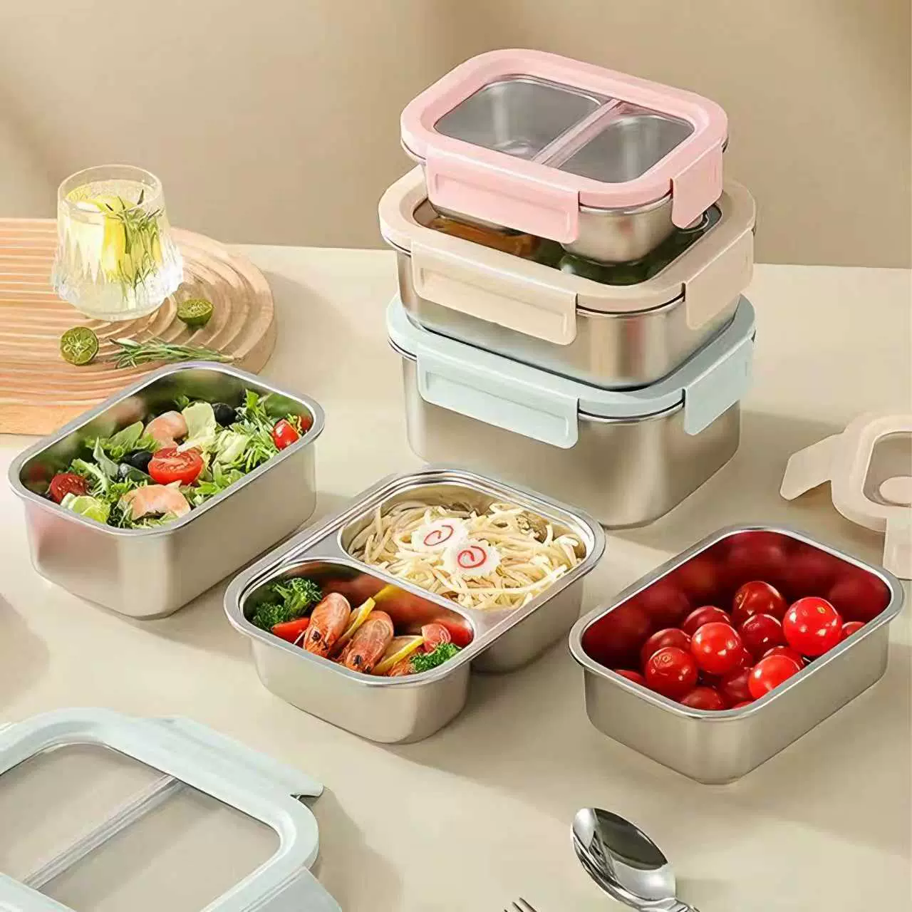 316L不锈钢保鲜盒家用果蔬收纳盒冰箱密封盒可微波炉加热分格饭盒