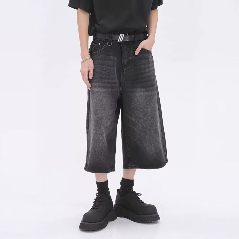 Men's Streetwear Baggy Shorts Low Waist Cut Black Jeans Casual Wide Leg Pants Mens Denim Shorts