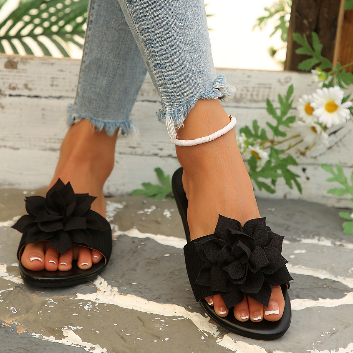 Sandalias Planas de Punta Redonda para Mujer de Tejido Cómodas para Uso Casual