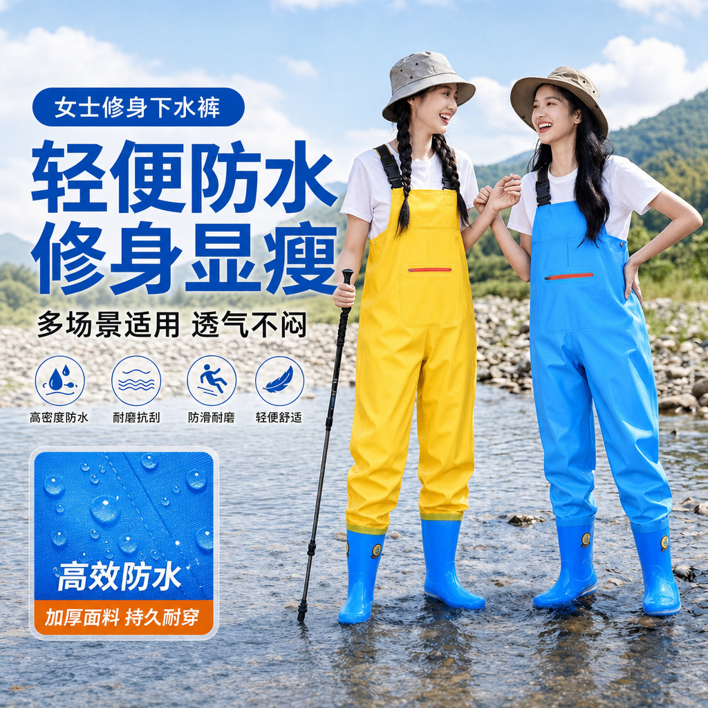 New model wading pants with suspenders, one-piece fishing beach rain boots, half-body waterproof rain pants, sea fishing wading clothing wholesale