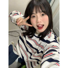 美式复古高街慵懒风条纹oversize卫衣女春秋2025新款长袖t恤上衣