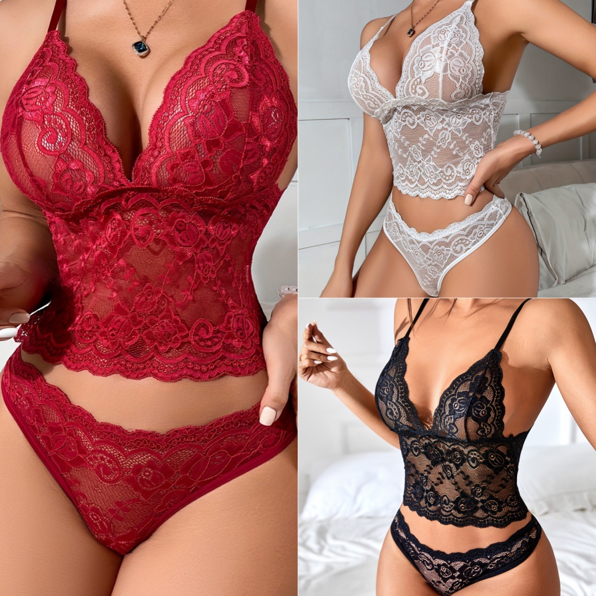 유럽과 미국의 섹시한 시스루 속옷, 섹시한 레이스 유혹 멜빵, 이너 스플릿 파자마 투피스 세트