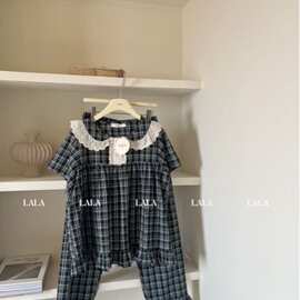 LALA森屿洛丽塔棉纱睡衣女夏短袖长裤套装蕾丝花边甜美公主家居服