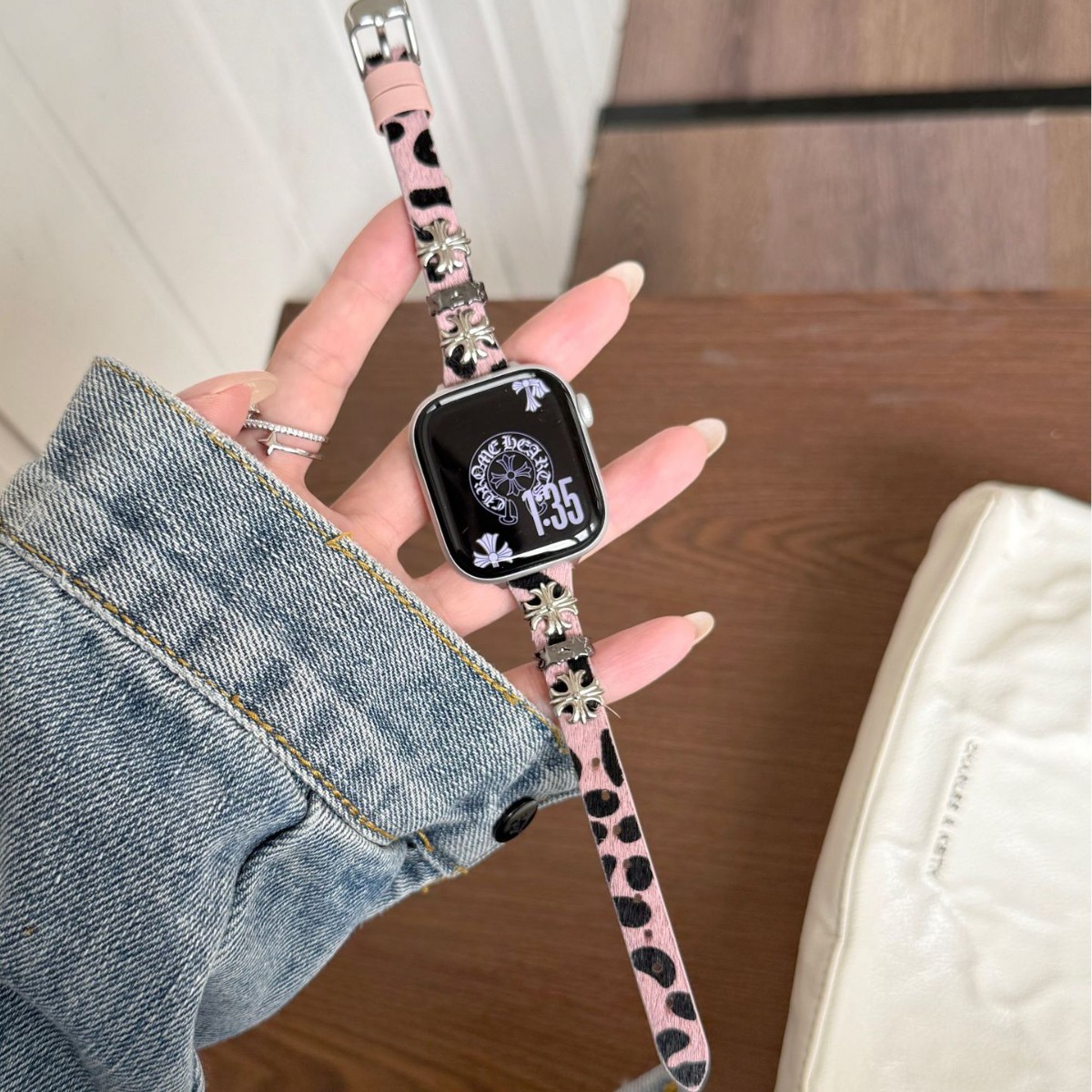 Leopard Print Fine Crow Heart Denim Watch Strap Suitable for Apple Watch iWatch 10Th Generation Classy Thin Women 987654Ul