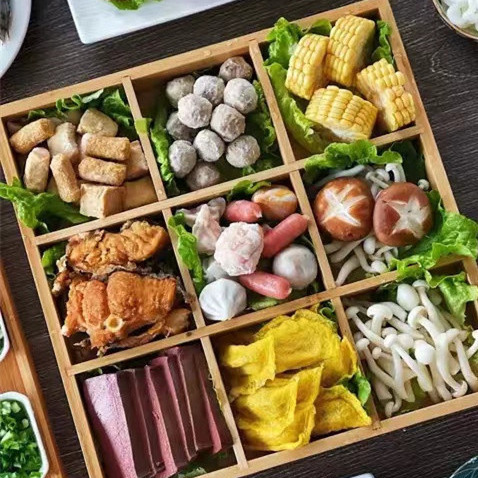 Bambú madera jiugongge bandeja vajilla olla caliente ingredientes lado plato caja celosía 9 Palacio rejilla plato cena plato