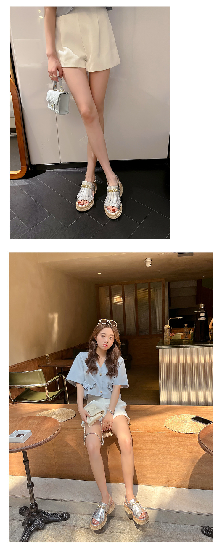 Sandal nữ đế thấp mũi hở quai tua rua đế cói phối dây xích kim loại — màu trắng, bạc chi tiết 14