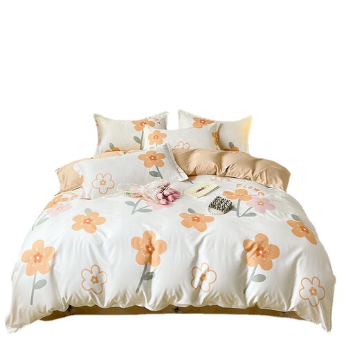 Ins Spring Fresh Skin-friendly Aloe Cotton Four-piece Set Flocked Sheet Set and Comforter Set Student Dormitory Bed Three-piece Set