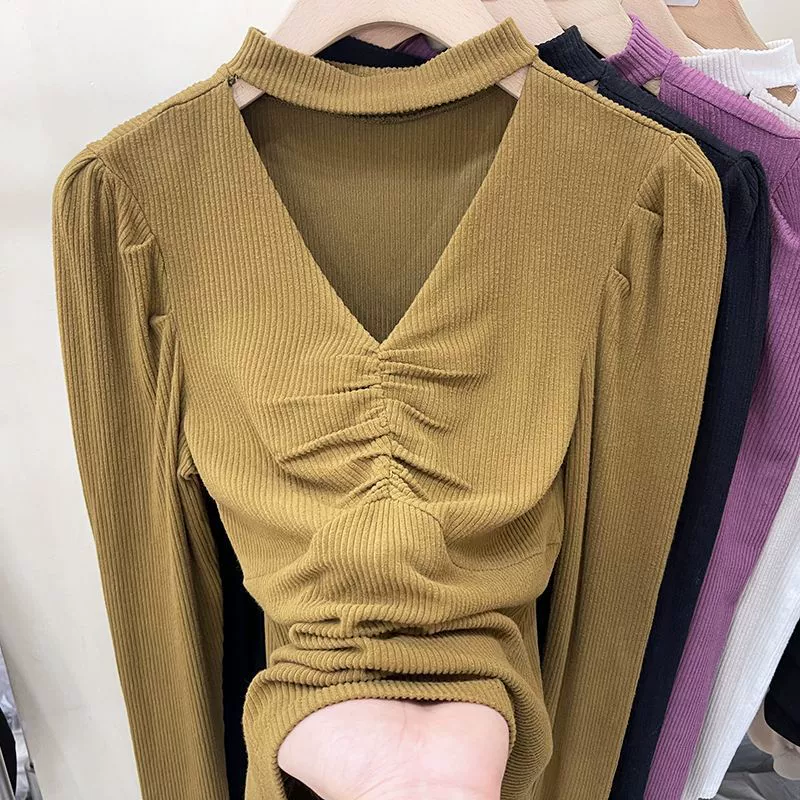 Европейский дизайн, шикарный и уникальный топ с V-образным вырезом и пышными рукавами, Женская осенне-зимняя новая приталенная Базовая рубашка с внутренней стороны
