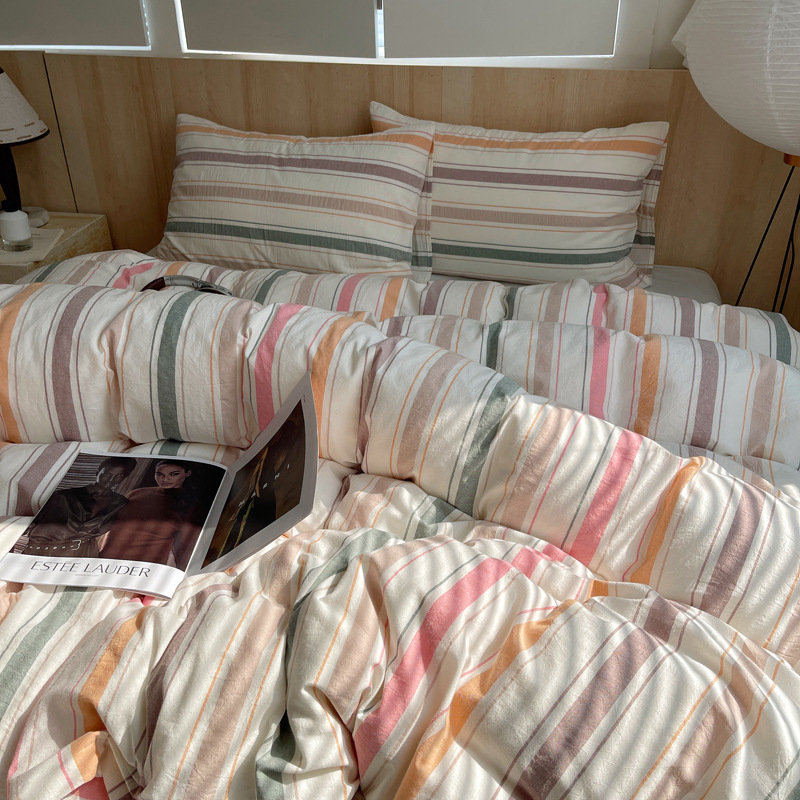 Japanese-Style Striped Yarn-Dyed Cotton Washed Cotton Four-Piece Set Simple Bed Sheet Duvet Cover Student Three-Piece Set Single Fitted Sheet
