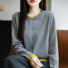 时尚撞色假两件针织开衫女小个子短外套长袖百搭宽松显瘦外搭上衣