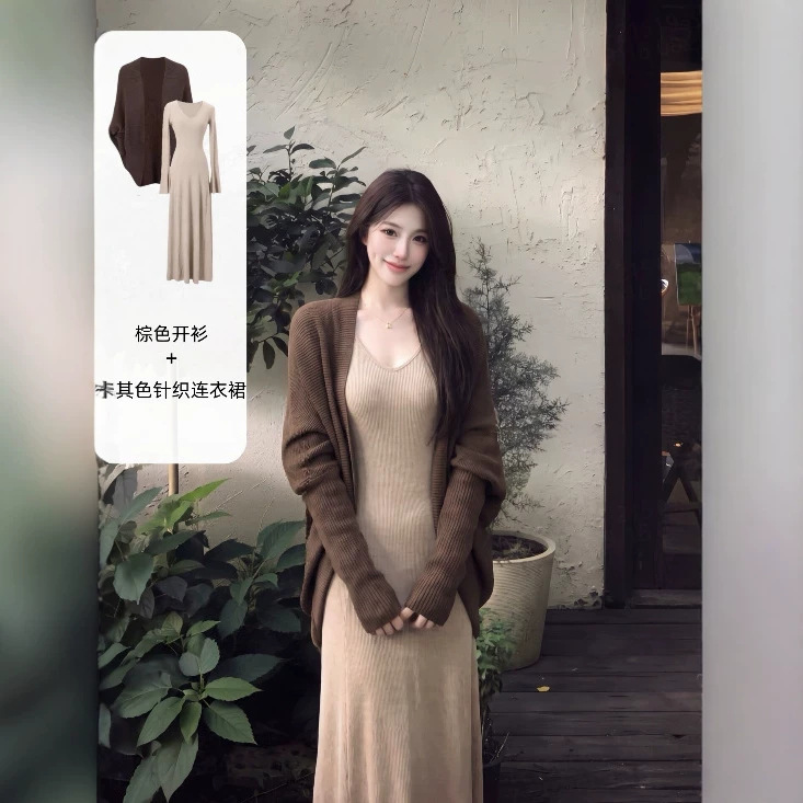 Early autumn brown knitted cardigan dress, long dress set, women's Korean style, minimalist and sophisticated outfit, complete set Early autumn brown knitted cardigan dress, long dress set, women's Korean style, minimalist and sophisticated outfit, complete set