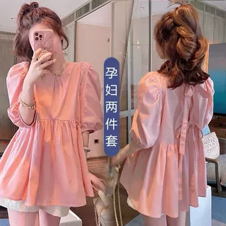 孕妇装夏装网红蝴蝶结短袖上衣孕妇托腹裤两件套减龄大码孕妇套装