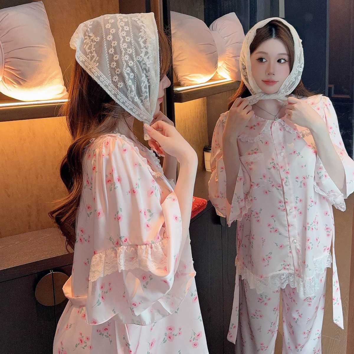 Pajamas Women's Princess Style Doll Collar Mid-Sleeve New Arrival Floral Floral Beautiful Girl Trousers suit Ice Silk Women's Home Clothes