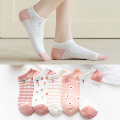 女士船襪棉刺繡清新粉色春夏新品2021火烈鳥休閑女短襪襪子批發
