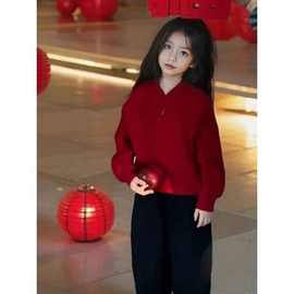 女童国风毛衣秋冬2024新款儿童新中式盘扣上衣女孩针织打底衫洋气