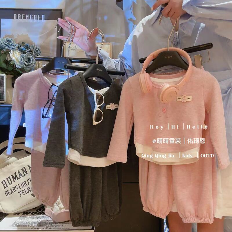女童套装秋2025新款秋季时髦小女孩童装假两件儿童糯米绒上衣裤子|undefined