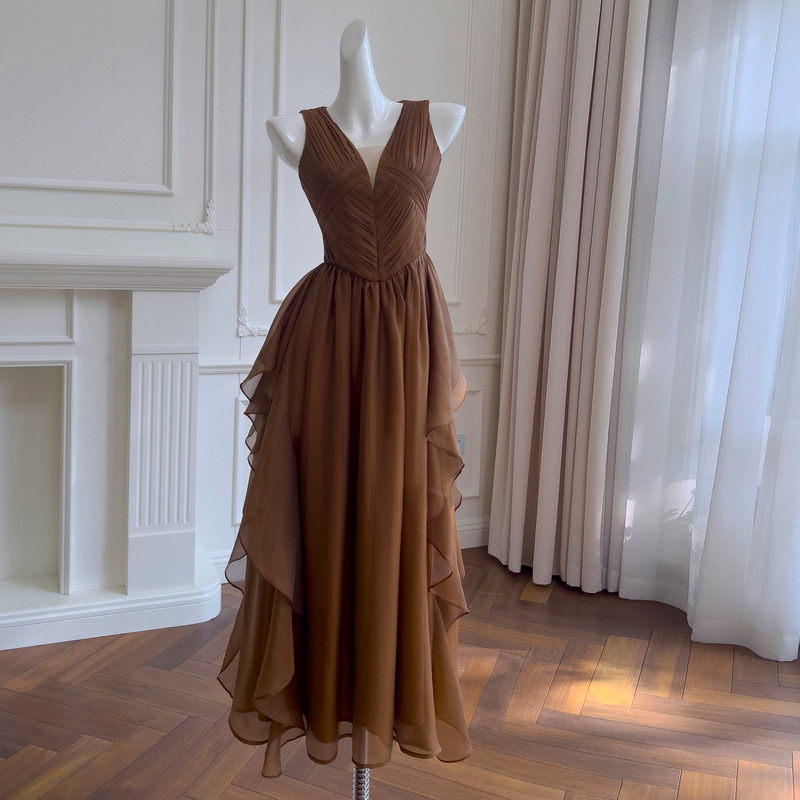 気質バックレスドレスエレガントな夏の新しい休暇優しいロングスカートフレンチノースリーブウエスト女性69282|undefined