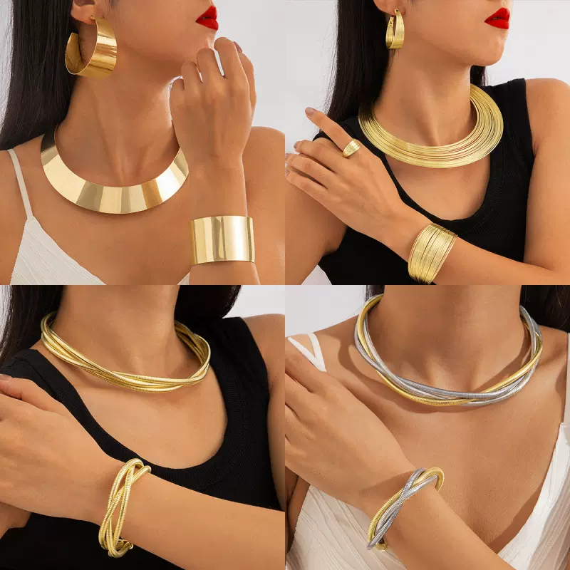 亚马逊跨境个性多层铁弹性蛇骨麻花项圈手链朋克风夸张首饰套装女