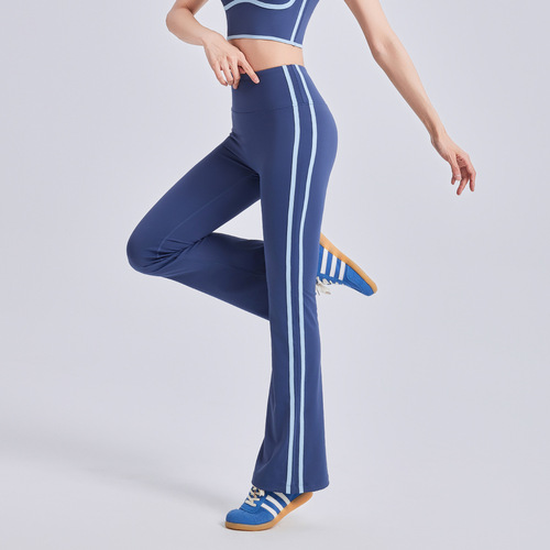 Juyitang new striped bell-bottom pants running naked elastic sports fitness high waist hip lifting yoga trousers for women