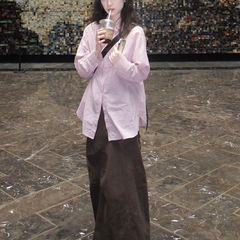 韩系百搭复古套装减龄粉色长袖衬衫女秋季百搭显瘦半身长裙两件套