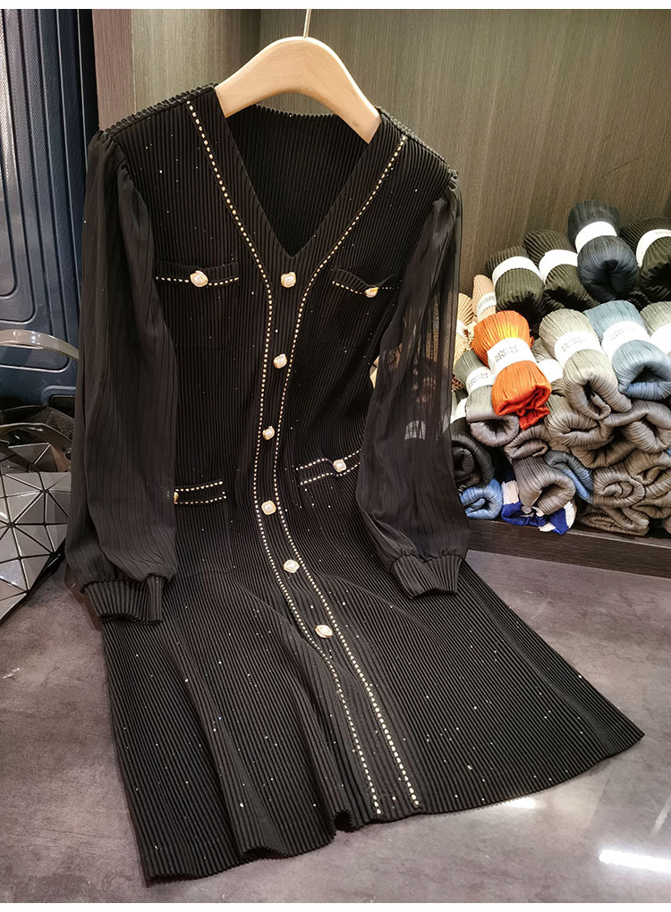 Váy maxi nữ cổ chữ V tay lồng lưới sequin xếp ly thắt eo — Màu đen, Màu xanh đậm chi tiết 13