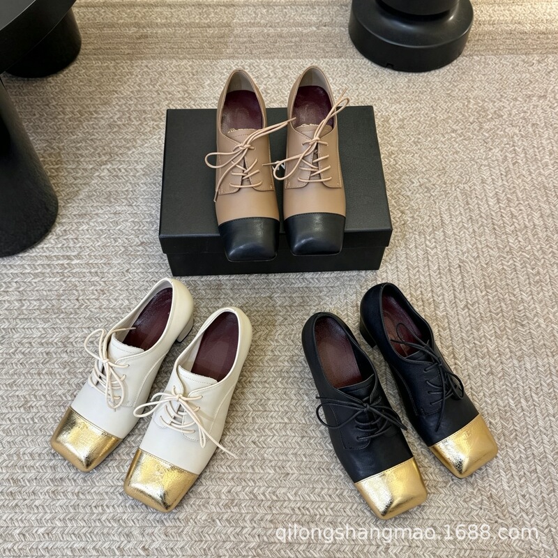 High-end 2026 new model Chanel-style genuine leather square-toed color-blocked low-cut lace-up high-heeled shoes with chunky heels, stylish and elegant single shoes High-end 2026 new model Chanel-style genuine leather square-toed color-blocked low-cut lace-up high-heeled shoes with chunky heels, stylish and elegant single shoes