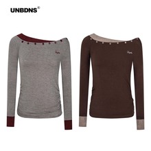 UNBDNS辣妹斜肩假两件长袖T恤女秋季新款露肩修身短款打底衫上衣