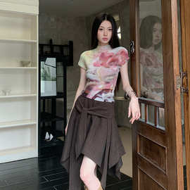 两件套装女设计感小众辣妹压褶油画印花短袖t恤+不规则褶皱半身裙