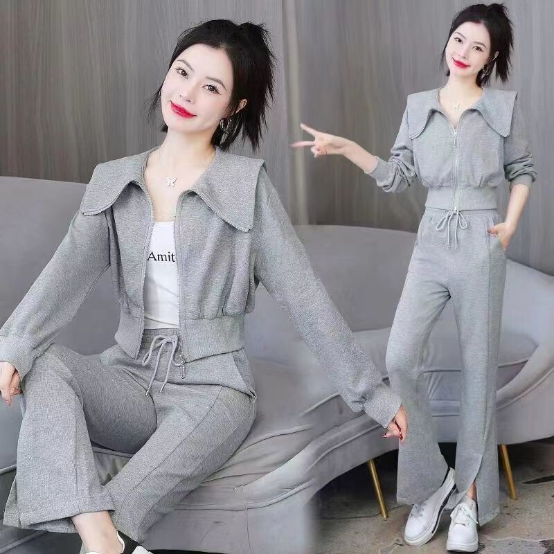 In-Stock Fashionable Casual Sports Suit for Women, Short Cardigan Sweatshirt, High-Waisted Wide-Leg Flared Pants Two-Piece Set, Trendy Wholesale In-Stock Fashionable Casual Sports Suit for Women, Short Cardigan Sweatshirt, High-Waisted Wide-Leg Flared Pants Two-Piece Set, Trendy Wholesale