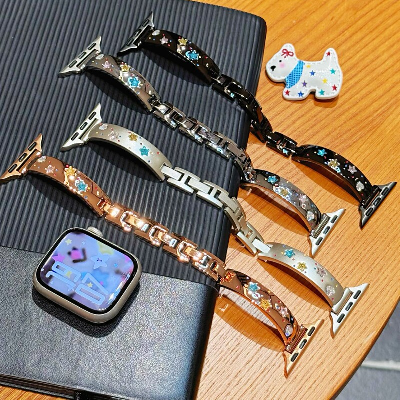 Colored Diamond Star Curved Bracelet Metal Watch Strap Suitable for S10 Apple Watch iWatch Wristband